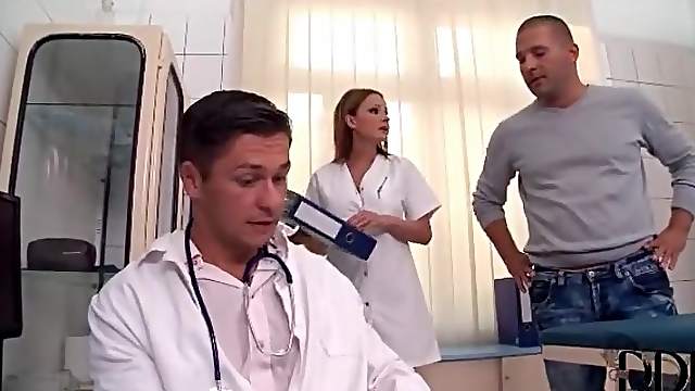 Horny nurse gives head to doctor and patient