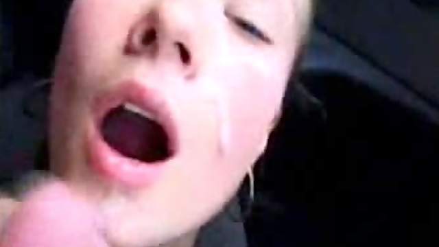 Girlfriend gives car blowjob and takes facial