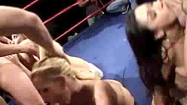 Gigantic group blowbang in a boxing ring